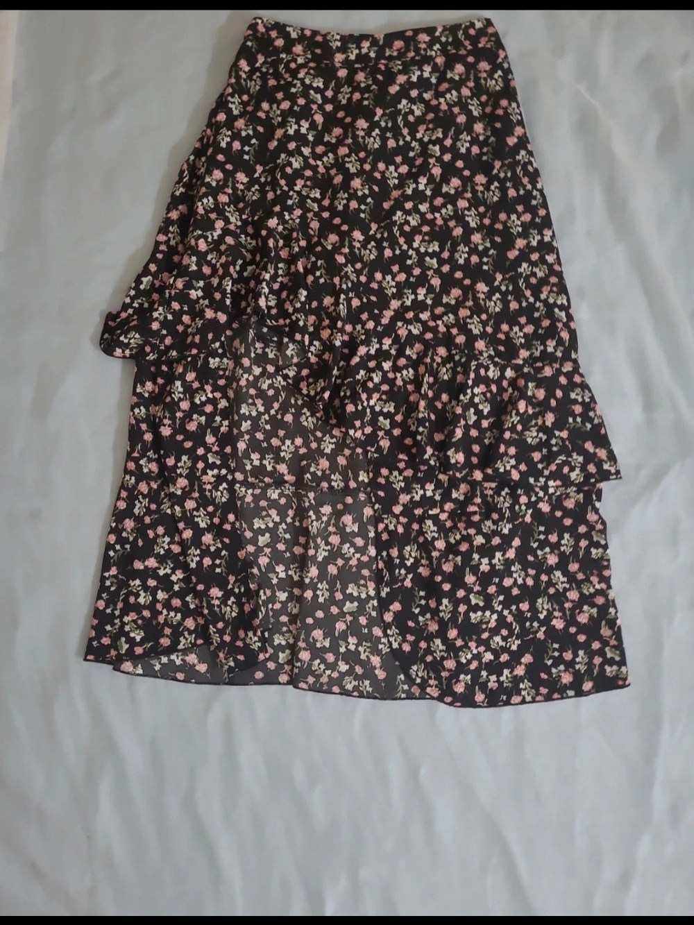 Black Midi Skirt with Pink and Cream Floral Ruffle Detail